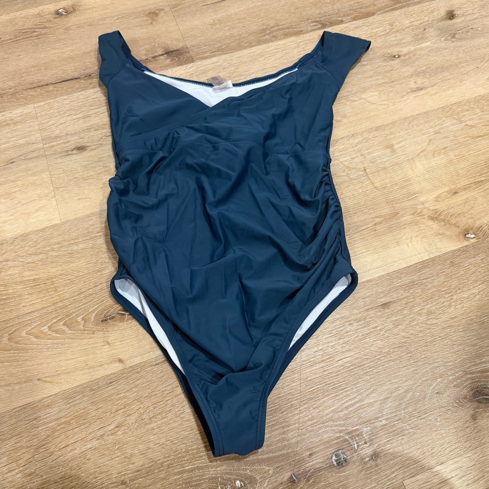 PinkBlush Maternity Teal Blue Ruched Cap Sleeve One Piece Swimsuit Small